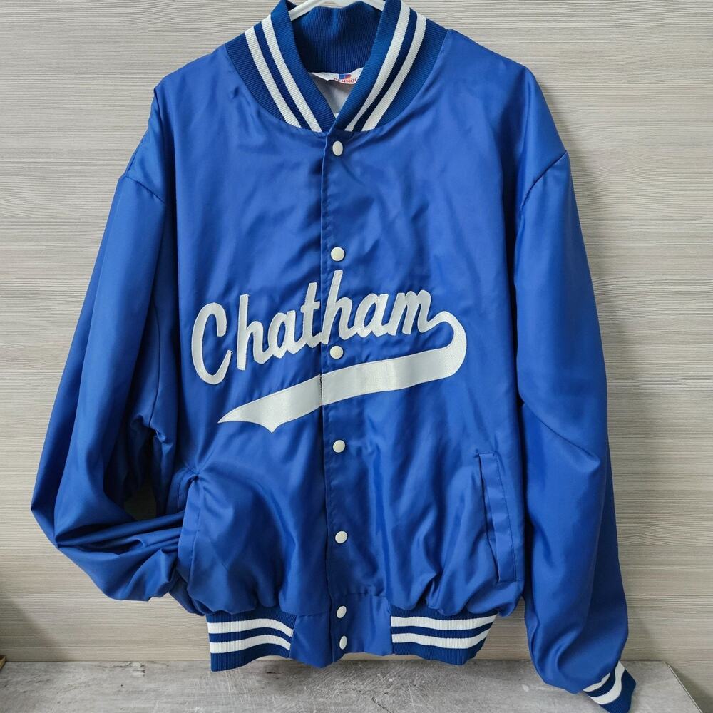 Vintage Chatham NCAA Blue Varsity Jacket Size‎ XXL Snap Striped Collar Cuffs USA